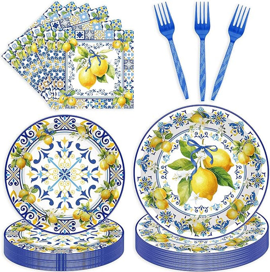 96 Pcs Cappri Lemon Party Decorations, Mediterranean Disposable Dinnerware Set, Sicilian Lemon Plates, Napkins & Forks for 24 Guests, Summer Wedding/Bridal Shower Table Decor