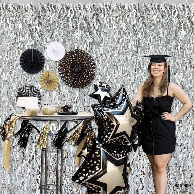 KatchOn, XtraLarge Wavy Silver Foil Fringe Curtain - Pack of 2, Silver Streamers Backdrop for Disco Party Decorations, Graduation Decorations 2026 Bachelorette Birthday Decor Prom Decorations 2026