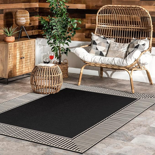 Nuloom Asha Black/Ivory, 9'6" x 12', Casual, Striped Border, Soft and Cozy, High Traffic, Stain Resistant, Easy Clean, Durable Area Rug for Indoor/Outdoor Patio, Deck, Porch, Garden, Courtyard