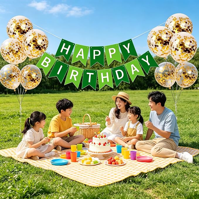Happy Birthday Banner Sign Bunting Hanging Decorations with Shiny Gold Balloons Birthday Party Sign Decor for Party Supplies(Green)
