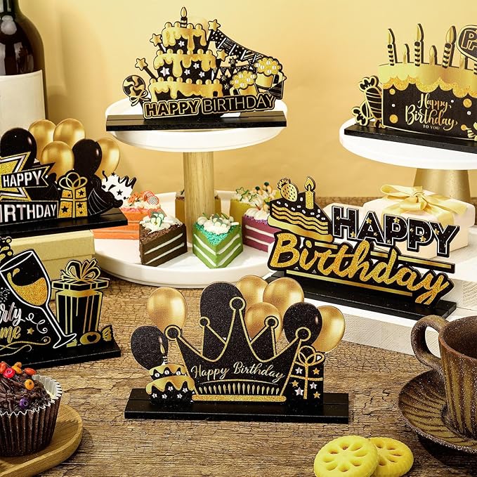 Leinuosen 6 Pieces Happy Birthday Table Centerpiece Black and Gold Happy New Year Wooden Sign Table Topper Party Decoration for Women Men Birthday Baby Shower Photo Booth, 6 Designs