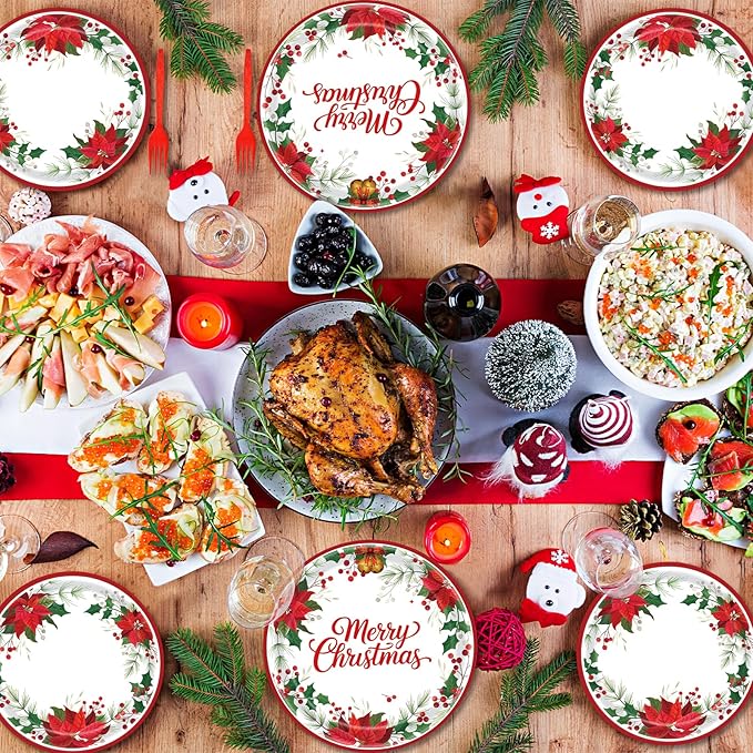 96 Pieces Christmas Poinsettia Tableware Set ??Merry Christmas Disposable Plates, Napkins, Forks Party Supplies with Holiday Flower and Holly Designs for Xmas Parties Celebrations ??Serves 24 Guests