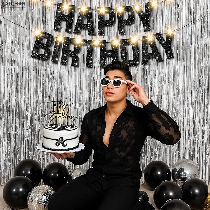 KatchOn, Black and Silver Birthday Decorations Set - Pack of 5 | Glitter Happy Birthday Banner, Silver Backdrop, Led Light, Cake Topper | Happy Birthday Decorations for Men, Women, Girls and Boys