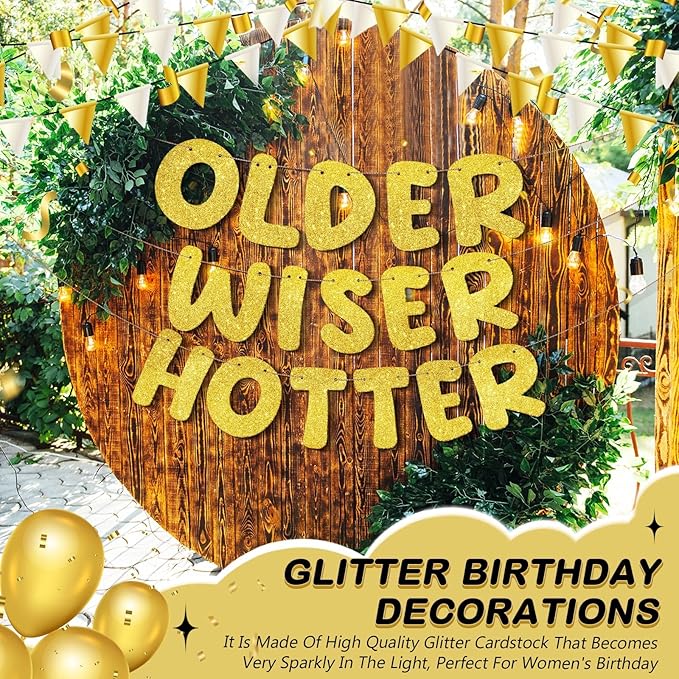 Fulmoon Set of 3 Pre Strung Older Wiser Hotter Glitter Banner Funny Birthday Banner for Women 30th 40th 50th 60th 70th 80th Birthday Party Decorations Sign Gift(Gold)