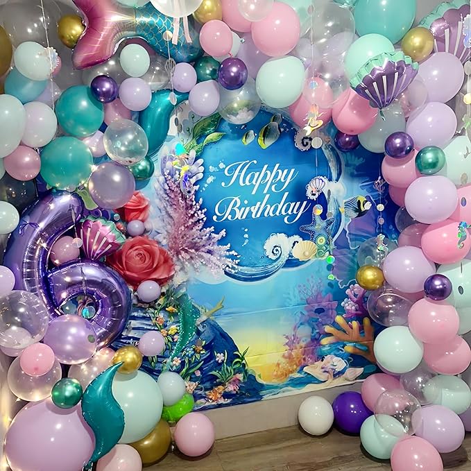 Mermaid Balloon Garland Arch Kit, Pastel Pink Purple Teal Blue Clear Latex Balloons with Mermaid Tail Seashell Foil balloons, for Girls Little mermaid Party Decorations Under the Sea Birthday Supplies