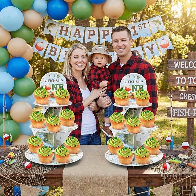 2Sets Go Fishing Cupcake Stand Decorations 3 Tier Ofishally One Birthday Decorations Gone Fishing 1st Cupcake Stand Dessert Tower Holder for Kids Baby Shower Little Fisherman Birthday Party Favor
