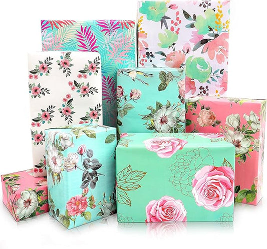 Gift Wrapping Paper Girls Women, 12 Sheets Floral Birthday Wrapping Paper, Pink Green Colorful Folded Gift Wrapping Paper for Birthday Valentines Day Bridal Shower Mother's Day, 19.6 x 27.5 Inches