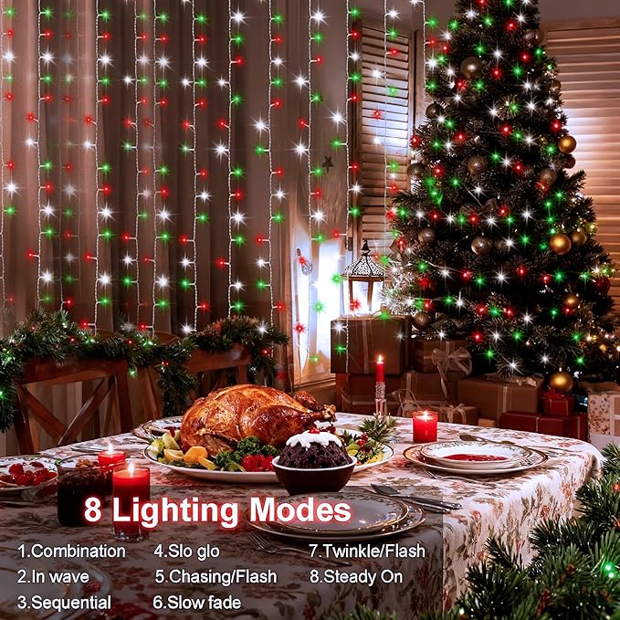 echosari Red White and Green Christmas Curtain Lights Battery Operated, 300 LED Fairy Curtain Lights 9.8Ft x 9.8Ft Hanging Lights with Remote Timer for Party Holiday Garden Yard Decor