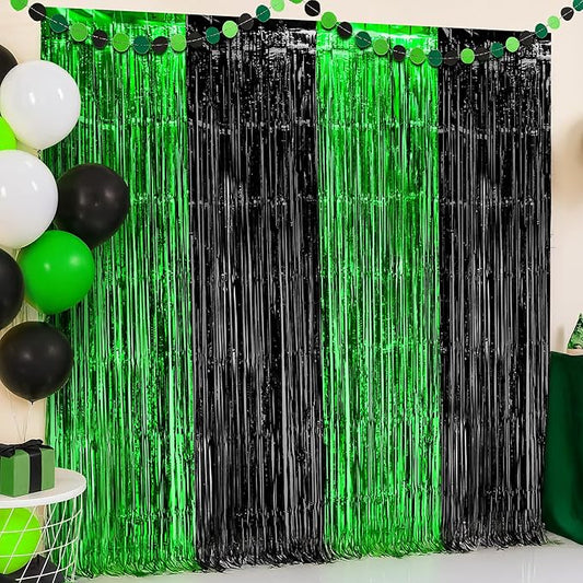 KatchOn, Green and Black Fringe Backdrop Curtains - Pack of 4 | Black and Green Party Decorations | Golf Party Decorations, Birthday, Bachelorette, Wedding, Masters Party Decorations