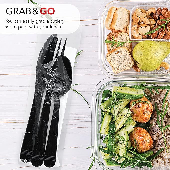 Party Essentials Individually Wrapped Heavy Duty Plastic Utensil Kits, 50 Sets for Party Catering, Fork/Spoon/Knife/Napkin, Black
