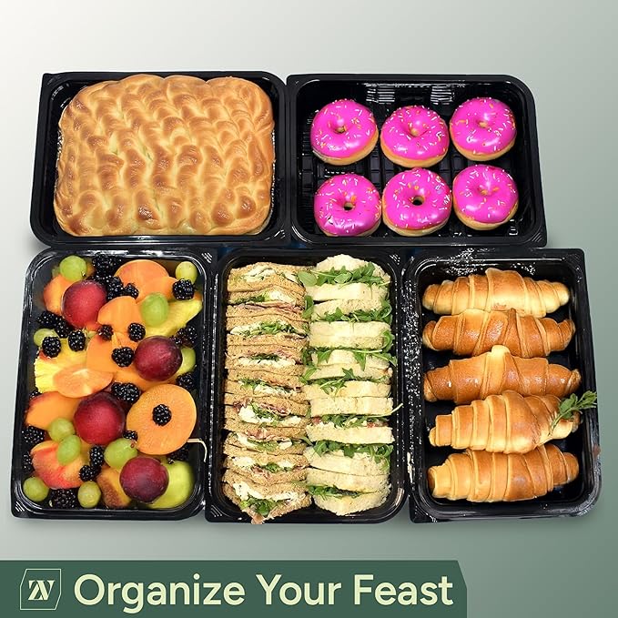 Zuvo Catering Trays with Lids 5 Pack - 13 Inch Reusable Serving Platters for Sandwiches, Cookies & Party Food - Stackable Plastic Food Trays with Clear Dome Lids for Buffets, Events & Catering