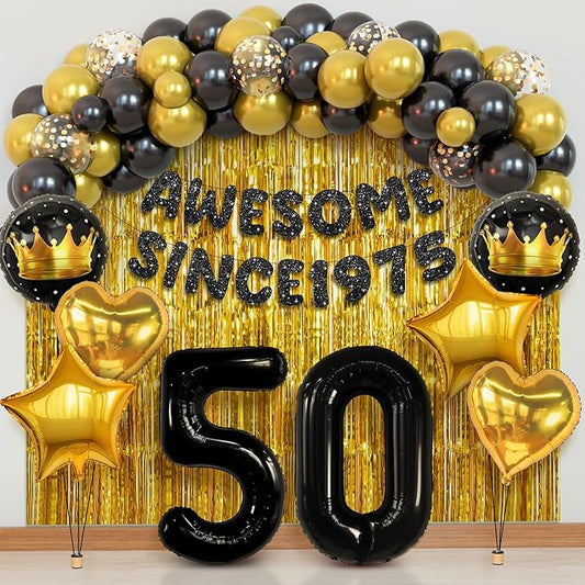 KatchOn, Happy 50th Birthday Decorations - Pack of 50 | Awesome Since 1975 Banner, Latex Balloons Arch, Gold Foil Fringe, Star, Round, Heart Foil Balloons | 50th Birthday Decorations for Women, Men