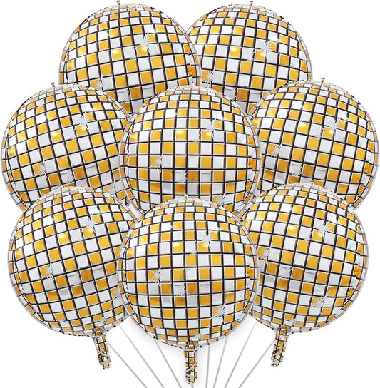 TONIFUL 8Pcs 22Inch Large Gold Disco 4D Giant Round Foil Balloon 4D Metallic Mylar Sephere Balloons for Christmas New Year Birthday Party Graduation Wedding Bridal Shower Decoration Supplies