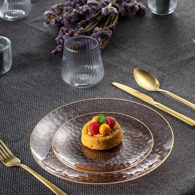 PLASTICPRO 64 Piece Combo Plates Set includes 32-7'' inch Plates & 32-10'' inch Dishes Rose Hammered Plastic PartyPlates Premium heavyweight Elegant, Disposable, Tableware, Dishes,