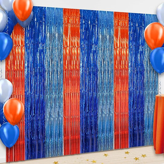 BEISHIDA 3Pcs Orange Blue Door Streamer Backdrop Foil Fringe Tinsel Curtains Backdrops for Bluey Birthday Decorations Blue Dog Party Supplies (3.28 ft x 6.56 ft)