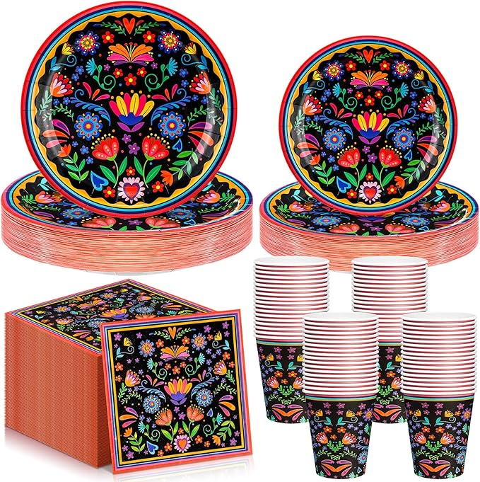 Domensi 400 Pieces Mexican Party Decoration Supplies Serves 50/100 Guests, Mexican Paper Plates Napkins Cups Set Fiesta Disposable Tableware for Cinco De Mayo Taco Tuesday Birthday Party Decorations
