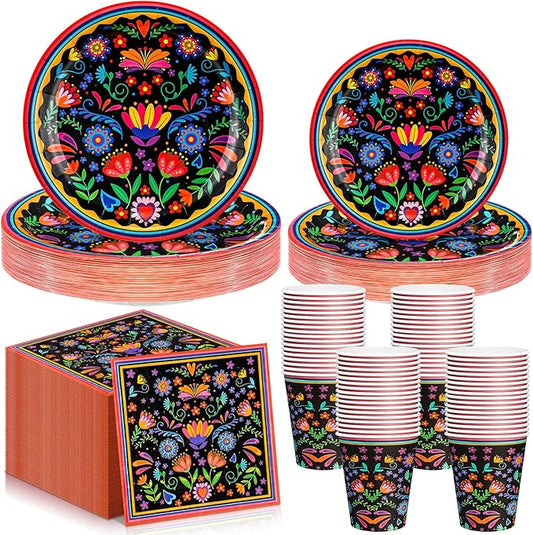 Domensi 400 Pieces Mexican Party Decoration Supplies Serves 50/100 Guests, Mexican Paper Plates Napkins Cups Set Fiesta Disposable Tableware for Cinco De Mayo Taco Tuesday Birthday Party Decorations
