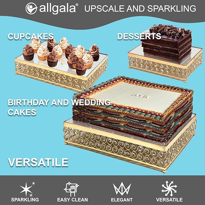 Allgala Wedding Cake Stands 3-Piece Set Crystal Gold Plated Cheese Dessert Cupcake Cake Stand with Mirror Plate-Gold Rectangle-HD89203