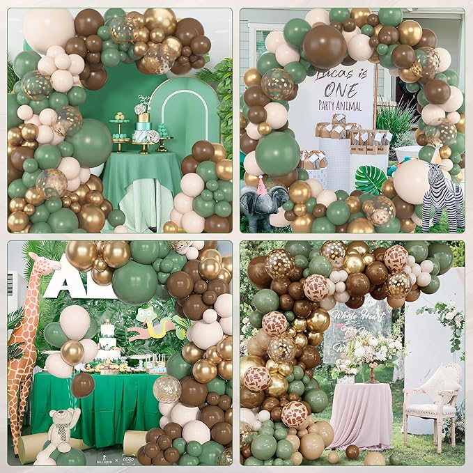 Amandir 153pcs Sage Green Brown Balloon Garland Arch Kit, Different Sizes 18 12 10 5 inch Olive Green Gold Latex Metallic Confetti Balloons for Safari Jungle Woodland Birthday Baby Shower Decorations