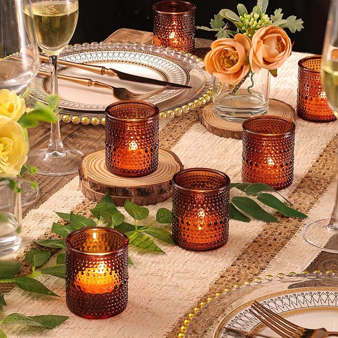 40Pcs Glass Votive Candle Holders, Amber Tea Light Candle Holders Vintage Fall Tealight Candle Holder Bulk for Autumn, Thanksgiving Table Centerpieces, Christmas Decor (Amber)