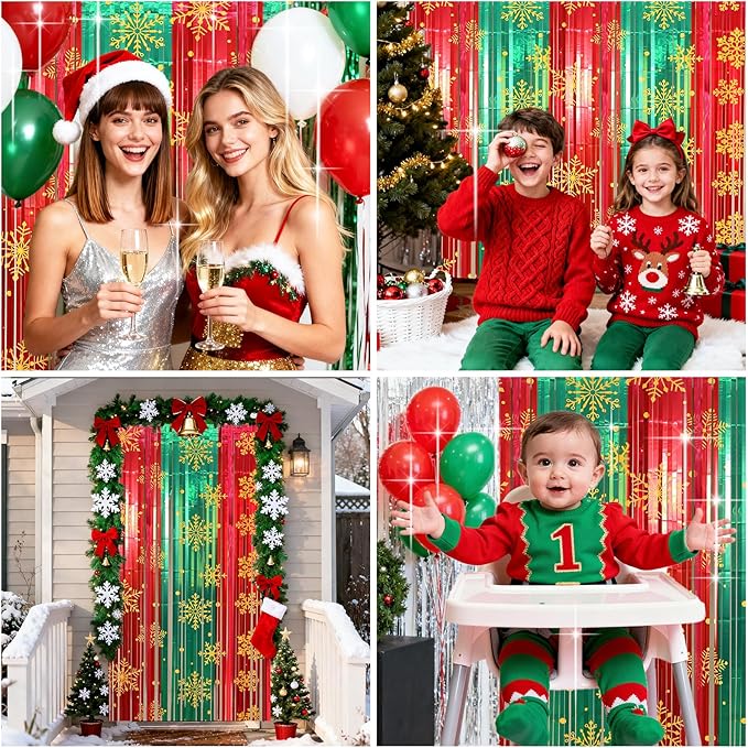 2 Packs Christmas Foil Fringe Curtain, Glitter Red Green Snowflake Metallic Tinsel Backdrop for Xmas Friendsmas Santa Claus Ugly Sweater New Years Eve Party Decoration Supplies