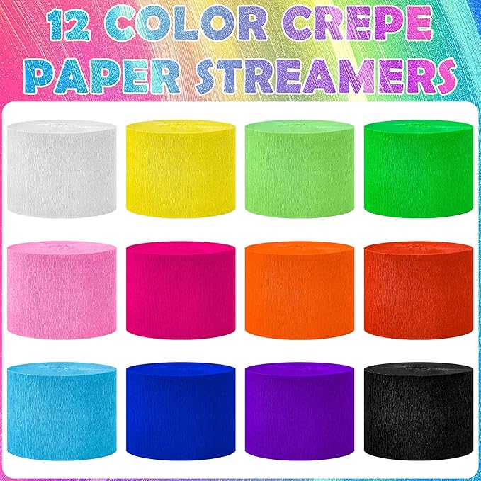 Streamers Party Decorations, 12 Rolls Crepe Paper Streamers for Rainbow Birthday Baby Shower Bachelorette Bridal Shower Wedding Graduation Decorations Party Supplies DIY Arts and Crafts