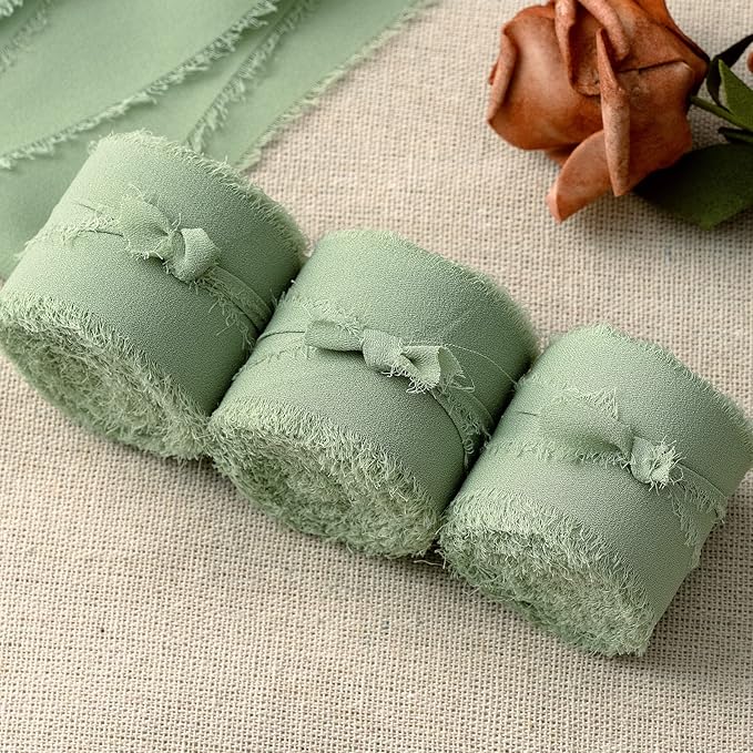 Christmas Ribbon, 3 Rolls Sage Green Ribbon for Gift Wrapping, 1 1/2 inch x 7Yd Ribbons for Flower Bouquet, Chiffon Silk Ribbons for Crafts, Wedding Invitations, Bridal Bouquets, DIY Crafts