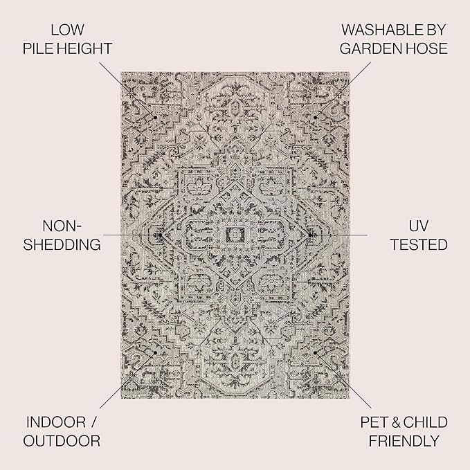 JONATHAN Y Boho Medallion Indoor Outdoor Area Rug 4X6 Black/Gray, Estrella Textured Weave for Backyard, Patio, Porch, Easy-Cleaning, High Traffic, Pet-Friendly, Non-Shedding (SMB105D-4)
