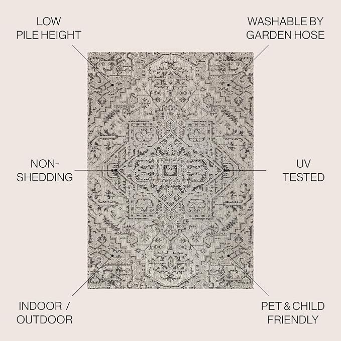 JONATHAN Y Boho Medallion Indoor Outdoor Square Area Rug 3X3 Black/Gray, Estrella Textured Weave for Backyard, Patio, Porch, Easy-Cleaning, High Traffic, Pet-Friendly, Non-Shedding (SMB105D-3SQ)