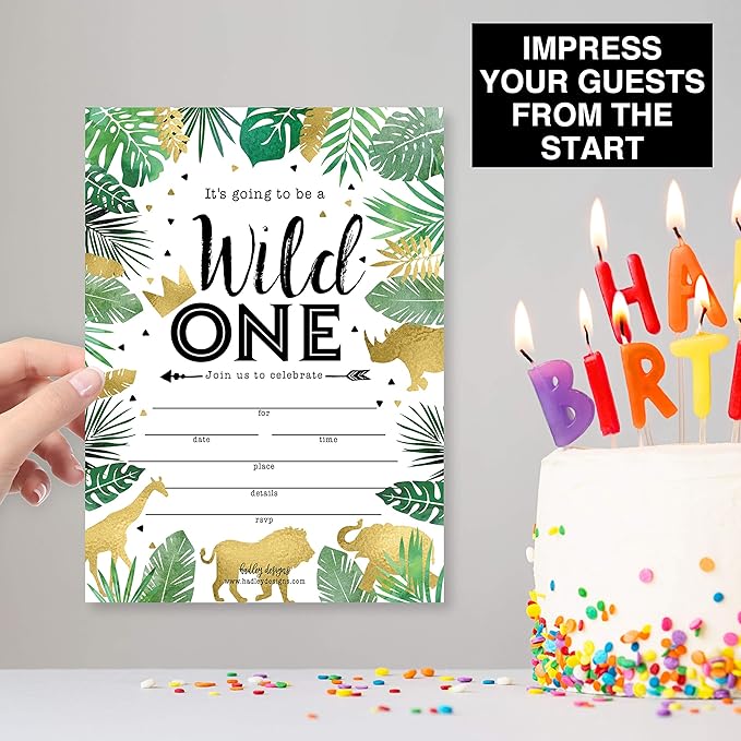 Hadley Designs Kids Birthday Invitations For Boys and Girls Safari Theme - 25 Wild One 1st Birthday Party Invitations For Boys, Jungle Invites For Girls, Cute Animals Party Supplies, Made In USA