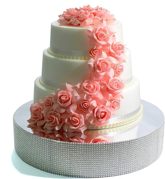 Cakebon Cake Stands - 13.5" Silver with Faux Rhinestones for Cakes and Pastries - Lightweight Polystyrene Foam for Party, Sturdy Wedding Cake Stand