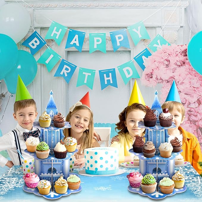 3 Tier Frozen Cupcake Stand Holder, Thickened Cupcake Tower for Boys Girls Kids Birthday Party Christmas Supplies Decorations Winter Snow Themed Cake Holder Dessert Display Stand
