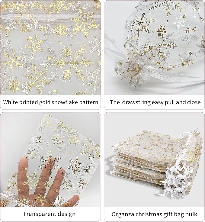Jexila 100PCS Christmas Organza Gift Bags 4X6 inches Small Mesh Christmas Drawstring Goodie Candy Treat Bags for Holiday Xmas Party Favor