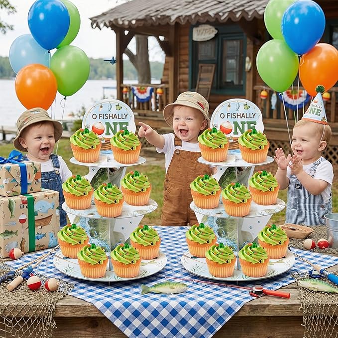 2Sets Go Fishing Cupcake Stand Decorations 3 Tier Ofishally One Birthday Decorations Gone Fishing 1st Cupcake Stand Dessert Tower Holder for Kids Baby Shower Little Fisherman Birthday Party Favor