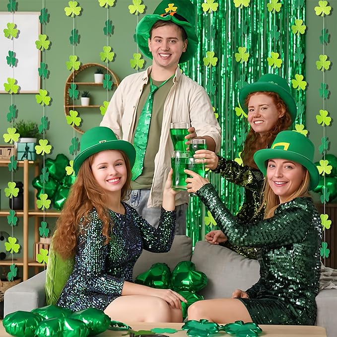40Ft Glitter Shamrock Clover Garland St. Patrick's Day Decor Light Dark Green Hanging Streamer for Irish Lucky Spring Party Home Office Decor Supplies