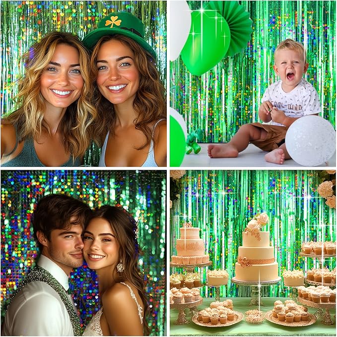 4 Packs Green Foil Fringe Curtain, Green Glitter Metallic Tinsel Backdrop for Birthday, Wedding, Baby Shower, Halloween, Christmas, Hawaiian Luau, Football, Dinosaur Jungle Party Decorations Supplies
