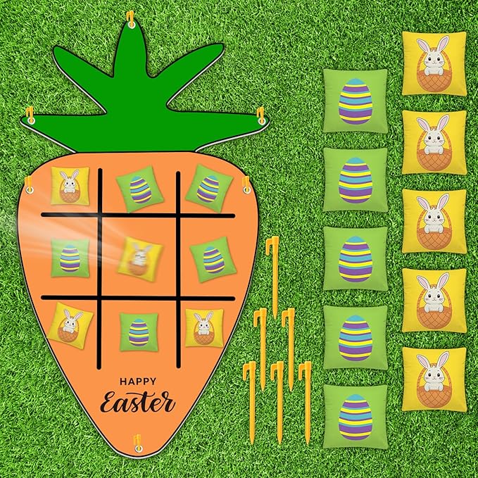 Hollowfly Easter Games Carrot Party Favors Tic Tac Toe Game Bean Bag Toss for Indoor Outdoor Yard Lawn Adults Family Night Easter Activities, 1 Carrot Felt Mat and 10 Bunny Egg Bags