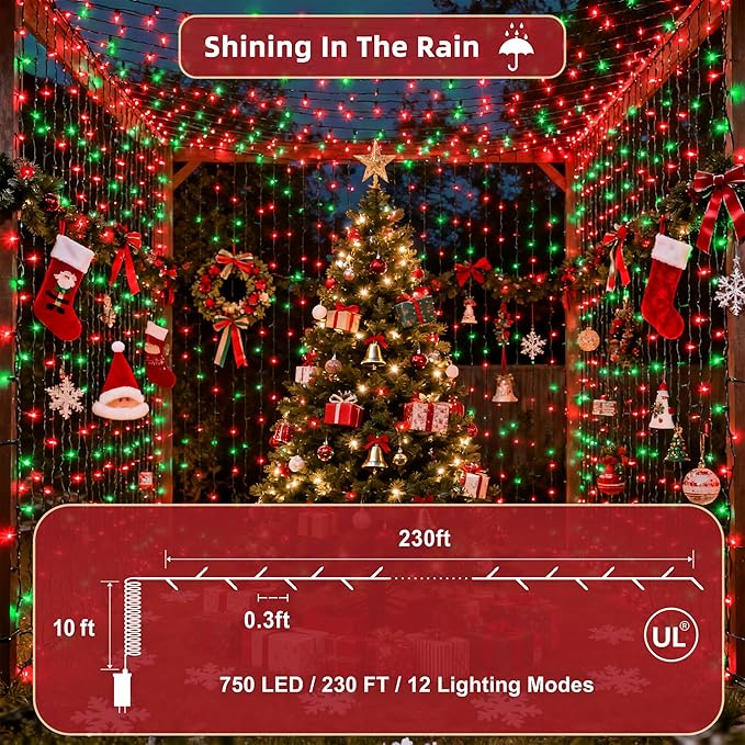 240FT Christmas Lights Outdoor, 750 LED Christmas Tree Decoration Lights with 12 Modes & Timer Memory, Dimmable Plug In Waterproof LED Xmas Light for Yard Trees Wedding Party Holiday Red & Green
