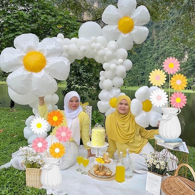 12pcs Daisy Theme Centerpiece Sticks Groovy Spring Flower Centerpieces for Table 70s Groovy Hippie Chrysanthemum Daisy Decorations for Spring Summer Flower Birthday Wedding Supplies