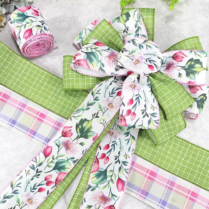 Spring Summer Floral Wired Ribbon, Green Grid Pink Plaid Floral Pattern Craft Ribbon for Wreath Bow Making, DIY Crafts, Gift Wrapping, Party Decorations, 3 Rolls, 2.5Inch, 15 Yards (Green)