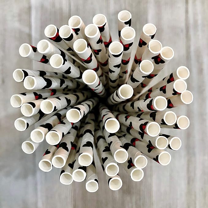 Mickey and Minnie Mouse Inspired Paper Straws - Black Red White - 7.75 Inches - 100 Pack - Outside the Box Papers Brand