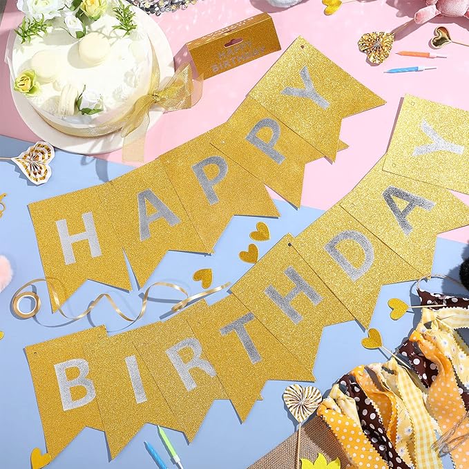 Clabby Glitter Gold Happy Birthday Banner with Shiny Letters Happy Birthday Shiny Glitter Hanging Signs Bunting for Party Supplies Hanging Backdrop Decoration