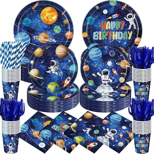 450 Pcs Space Birthday Tableware Set Decorations, Solar System Paper Plates Napkins Cups Cutlery Straws for Astronaut Theme Birthday Baby Shower Party Supplies, Serves 50