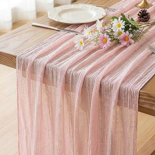 FEXIA Pink Table Runner 30x118 Inches for Spring Easter Decor Dusty Pink Cheesecloth Table Runner for Tea Party Decorations Gauze for Wedding Baby Shower Bridal Shower First Communion and Home Decor
