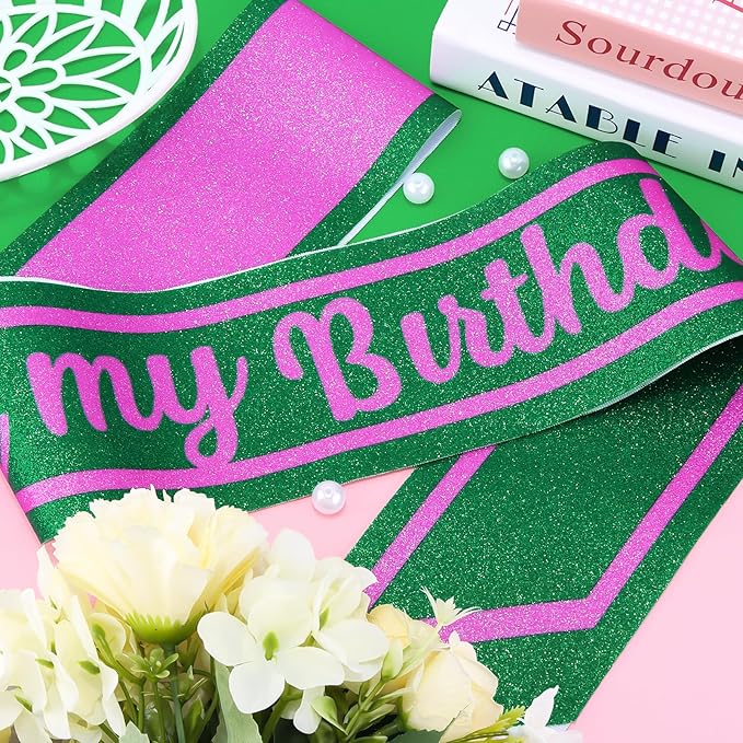 Pink Green Birthday Sash for Girls, Witch Themed Sash with Glitter Foil for Girl Happy Funny Accessories for Women Party Favors Supplies
