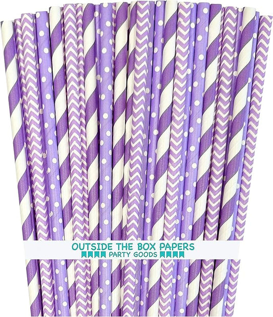 Lavender Lilac White Paper Straws Chevron Polka Dot - 7.75 Inches - 100 Pack - Outside the Box Papers Brand