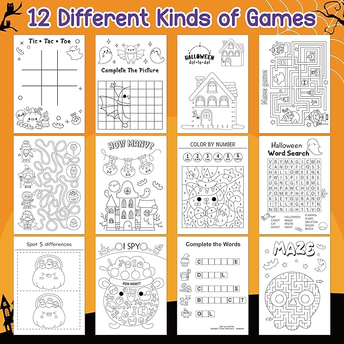 Halloween Activity Books for Kids - 24Pcs Happy Halloween Mini Games Coloring Book Set Bulk Mazes Word Search Word Scramble Games for Classroom DIY Art Gifts Trick or Treat Holiday Party Favors