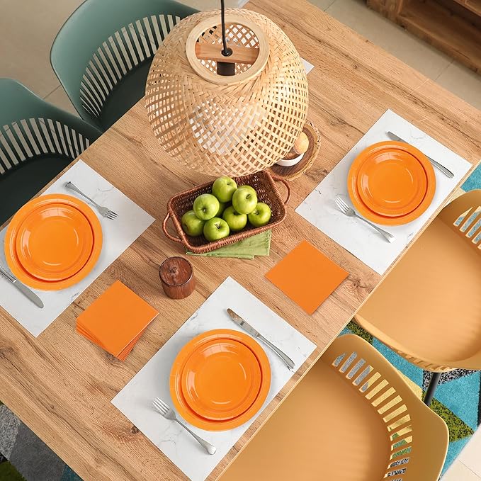 Ruisita 48 Pieces Orange Party Supplies Orange Tableware Including 7 Inch and 9 Inch Paper Dinner Plates 2 Ply Napkins for Wedding, Birthday Party, Picnic, Barbecue (Serves 16)