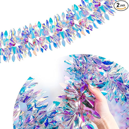BTSD-home 2 Pack Iridescent Party Decoration Hanging Tinsel Garland Shiny Metallic Foil Reusable Fold-Flat Frozen Themed Party Supplies for Classrooms Bedrooms Pools Windows and Christmas Trees