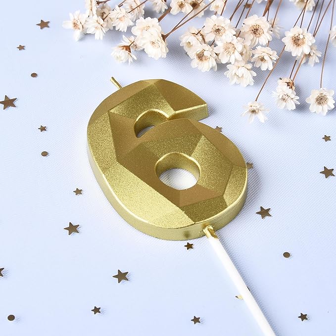 PHD CAKE 2.76 Inch Crystal Gold 6 Number Birthday Candles, Gold Candles, Cake Candles, Party Celebration